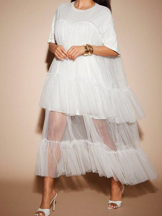 Dresses & Skirts - White Boho Festival Women's Tulle Tiered Maxi T-Shirt Dress